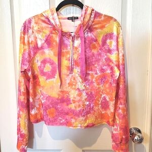 Hearts Hips Tie Dye Yellow Orange Pink Zip Neck Hood Long Sleeve Crop Pullover